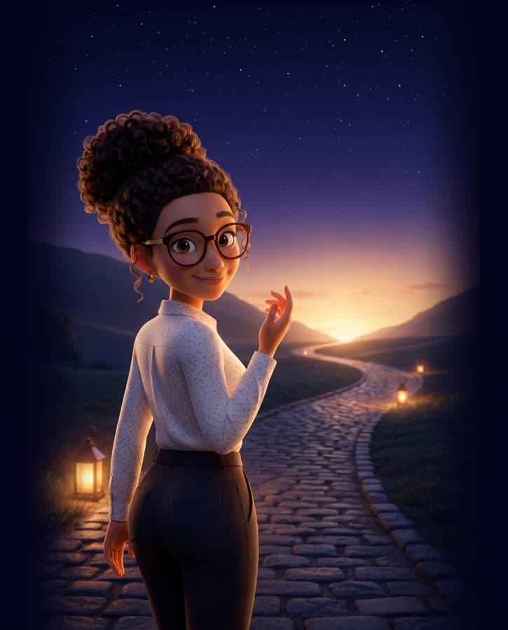 Kai on a lantern-lit path at night, looking back and beckoning you toward the dawn on the horizon