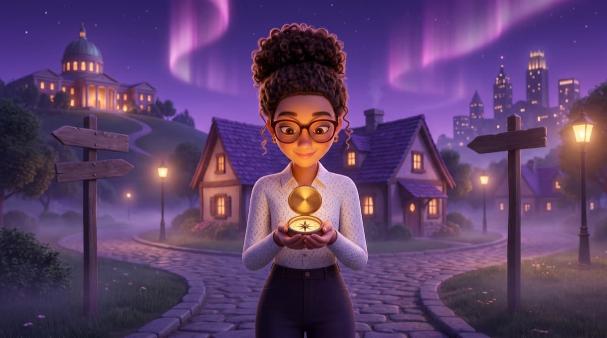 The CORE world: Kai at a glowing night crossroads holding a golden compass