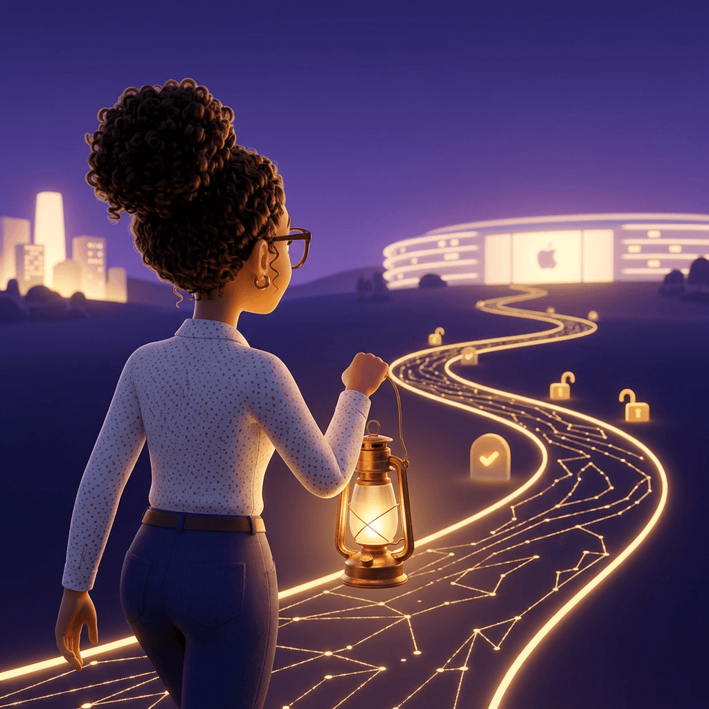 Chapter 3 — Kai walking the glowing road with a lantern toward future destinations