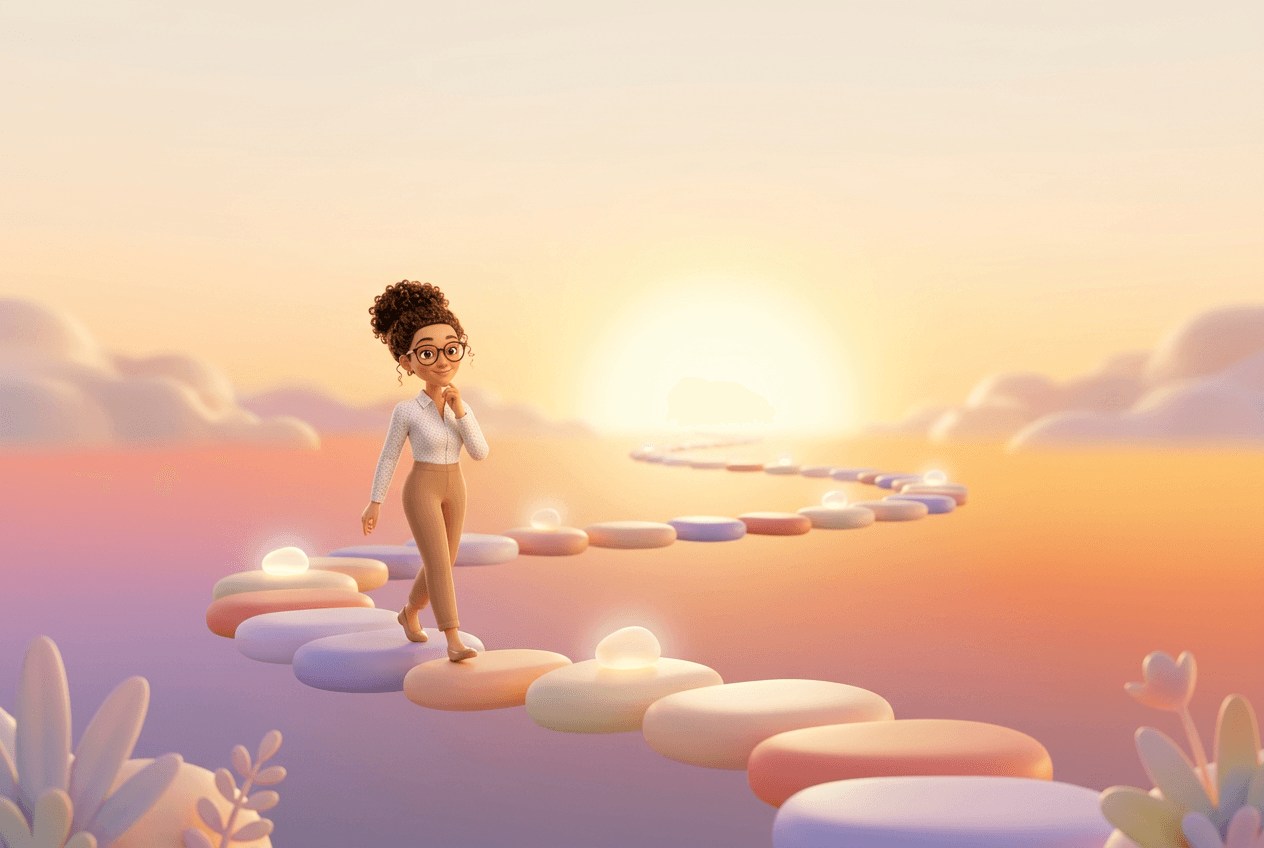 Kai walking a winding pastel path toward a warm sunrise horizon