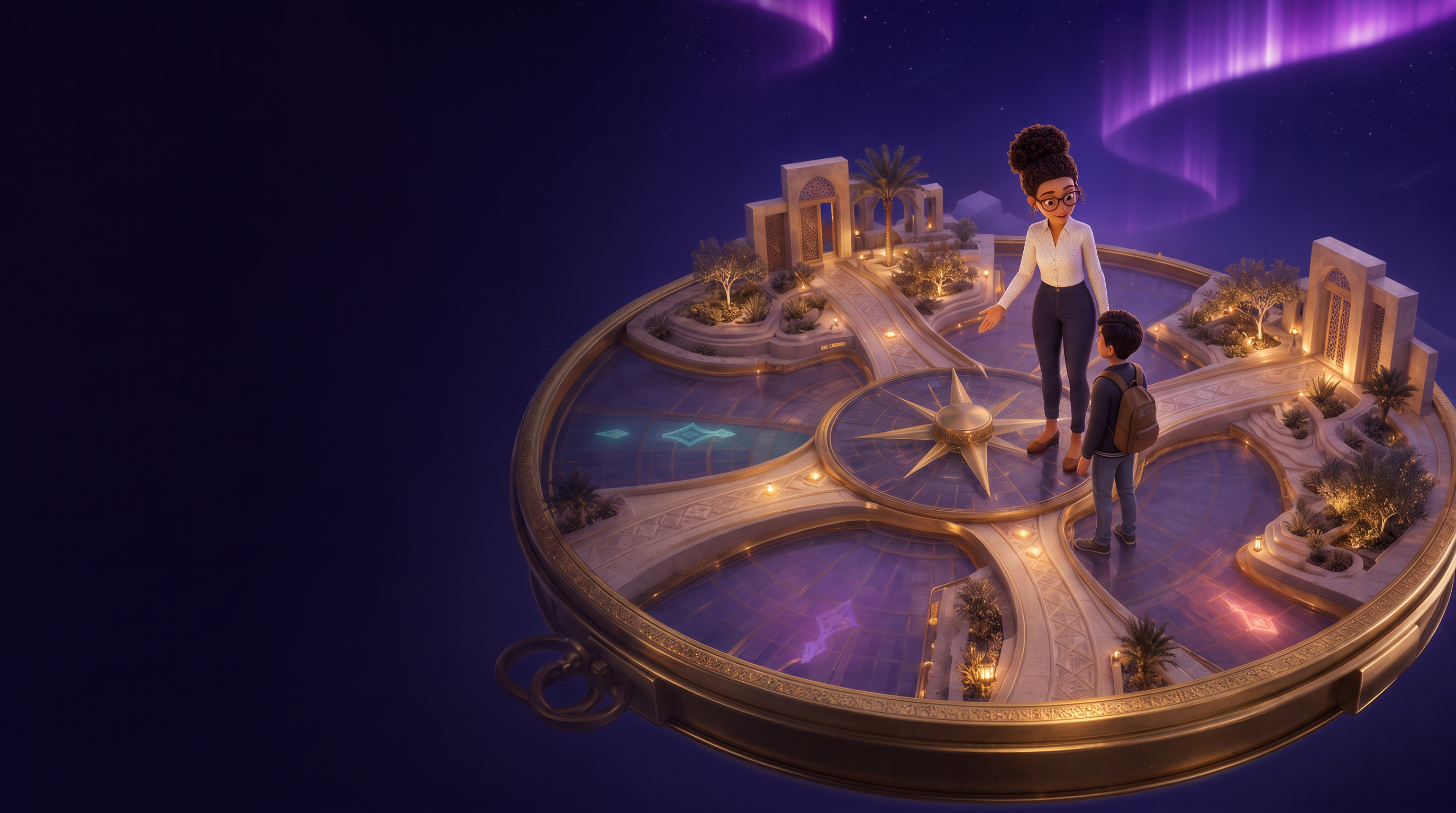 Kai guides a university student toward a compass at a crossroads beneath the aurora